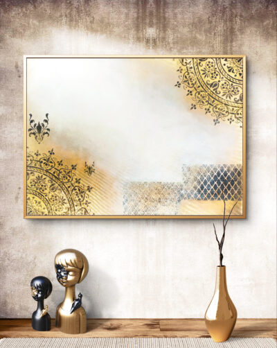 ručně malovaný obraz na plátně se zlatou mandalou na stěně.