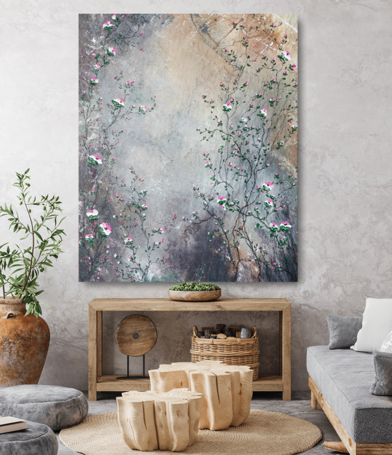 Obraz v interiéru originál s květinami v zemitých barvách ze struktury.