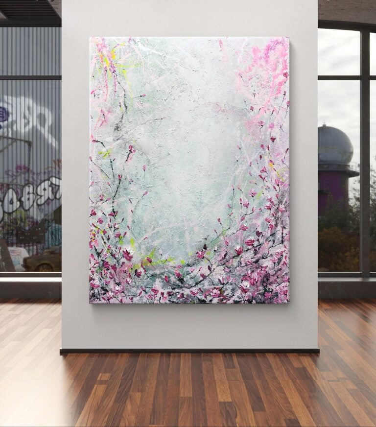 Moderní originální obraz na plátně s květinami na zdi, textura a neon barvy. Umělecké autorské dílo prodej.
