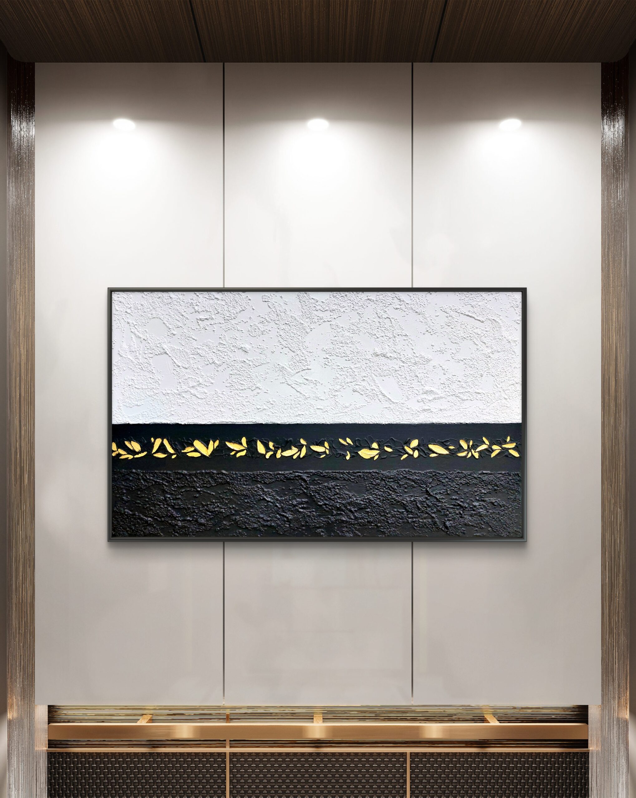 Obraz v interiéru s pravým ryzím zlatem v černobílé kombinaci.